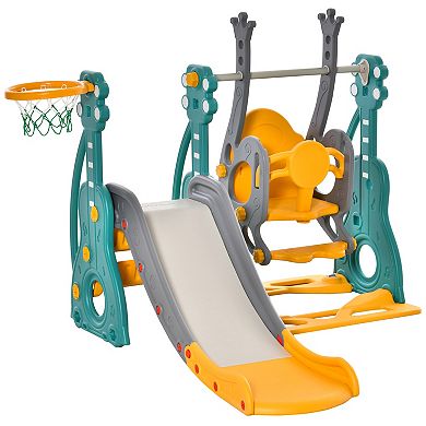 Qaba 3 in 1 Kids Swing and Slide Set with Basketball Hoop Slide Swing Adjustable Seat Height Indoor and Outdoor Toddler Playground Activity Center Play Equipment