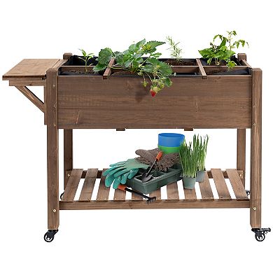 Outsunny 49'' x 21'' x 34'' Raised Garden Bed w/ 8 Grow Grids Outdoor Wood Plant Stand w/ Storage Shelf and Lockable Wheels for Vegetables/Flower