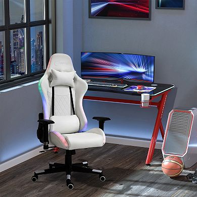 High Back Video Game Desk Task Chair W/ Rgb Led Lights & Lumbar Pillow, White