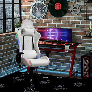 High Back Video Game Desk Task Chair W/ Rgb Led Lights & Lumbar Pillow, White