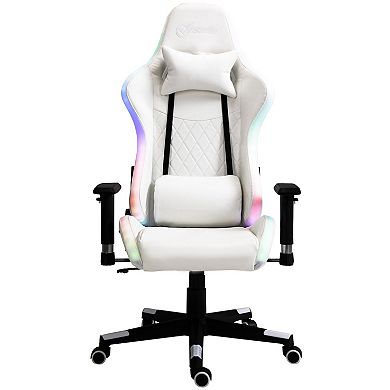 High Back Video Game Desk Task Chair W/ Rgb Led Lights & Lumbar Pillow, White