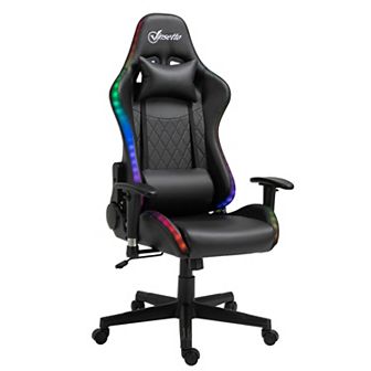 High Back Video Game Desk Task Chair W/ Rgb Led Lights & Lumbar Pillow, White