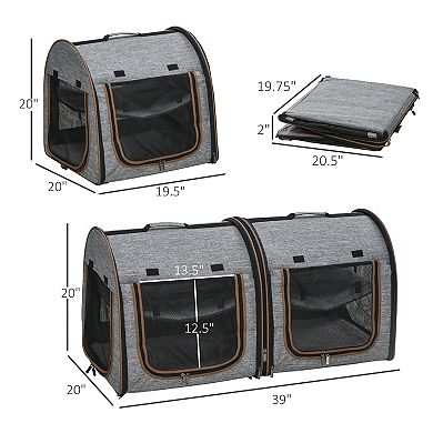 PawHut 39" Portable Soft Sided Pet Cat Carrier with Divider Two Compartments Soft Cushions and Storage Bag Brown