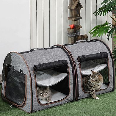 PawHut 39" Portable Soft Sided Pet Cat Carrier with Divider Two Compartments Soft Cushions and Storage Bag Brown