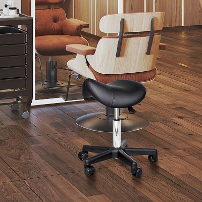 Homcom Rolling Black Saddle Stool Swivel Salon Chair Ergonomic Faux Leather Stool Adjustable Height with Wheels