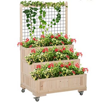 3 tier Wooden Raised Garden Bed With Wheels, Trellis, Back Storage Area
