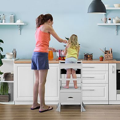 Qaba Kids Foldable Kitchen Step Stool with Chalkboard and Lockable Handrail for Children 3 6 Years Old White