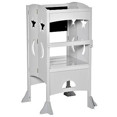 Qaba Kids Foldable Kitchen Step Stool with Chalkboard and Lockable Handrail for Children 3 6 Years Old White