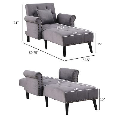 HOMCOM 2 In 1 Chaise Lounge Indoor with Rolled Armrest Nailhead Trim and Button Tufting Adjustable Velvet Fabric Upholstered Sofa for Bedroom and Living Room Grey