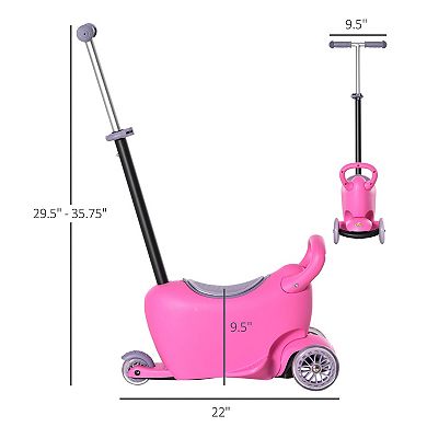 Qaba 3 in 1 Kids Scooter Sliding Walker and Push Rider with 3 Balanced Wheels Adjustable Height and Removable Storage Seat Toy Vehicle for 2 6 year Olds Pink