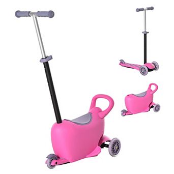 Qaba 3 in 1 Kids Scooter Sliding Walker and Push Rider with 3 Balanced Wheels Adjustable Height and Removable Storage Seat Toy Vehicle for 2 6 year Olds Pink