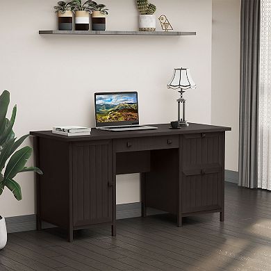 Wooden Business Desktop Workstation With 3 Drawers For Hanging Files, Grey