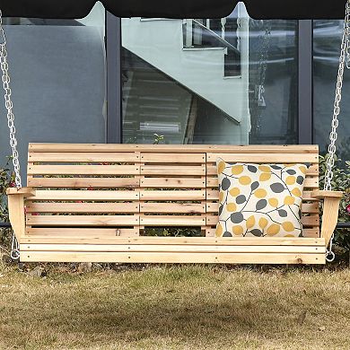 Outsunny 3 Seater Wooden Porch Swing Bench with Folding Coffee Table Durable PU Coating Chains Included Natural