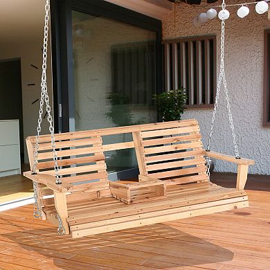 Outsunny 3 Seater Wooden Porch Swing Bench with Folding Coffee Table Durable PU Coating Chains Included Natural