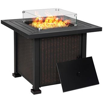 Outsunny 34" Propane Gas Fire Pit Table 50000BTU Wicker Gas Firepit with Glass Wind Guard Lava Rocks and Lid CSA Certification for Outdoor and Patio Black