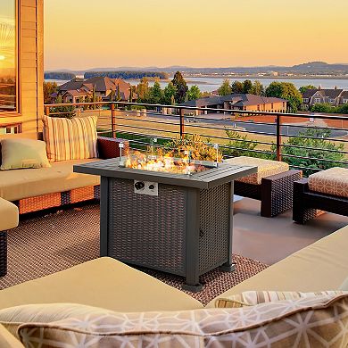 Outsunny 34" Propane Gas Fire Pit Table 50000BTU Wicker Gas Firepit with Glass Wind Guard Lava Rocks and Lid CSA Certification for Outdoor and Patio Black