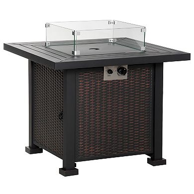 Outsunny 34" Propane Gas Fire Pit Table 50000BTU Wicker Gas Firepit with Glass Wind Guard Lava Rocks and Lid CSA Certification for Outdoor and Patio Black