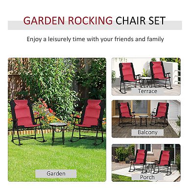 Outsunny 3 Piece Foldable Rocking Chair Outdoor Padded Bistro Set with Glass Table Top Blue