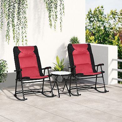 Outsunny 3 Piece Foldable Rocking Chair Outdoor Padded Bistro Set with Glass Table Top Blue