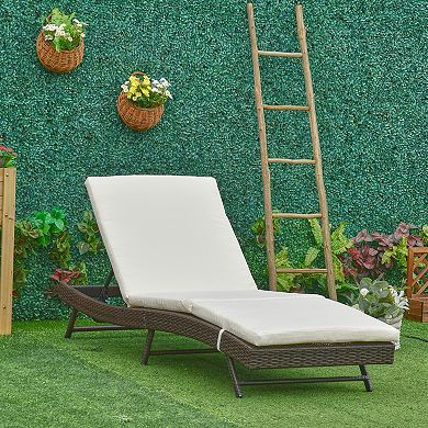 Outsunny 5 Position Adjustable Outdoor PE Rattan Wicker Chaise Patio Louge Chair   Brown / Cream