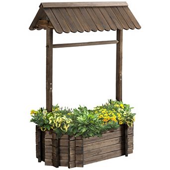 Wooden Wishing Well Raised Garden Bed, Outdoor Flower Planter, Rustic Brown