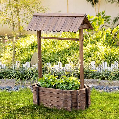 Outsunny Wooden Wishing Well Raised Garden Bed, Flower Planter