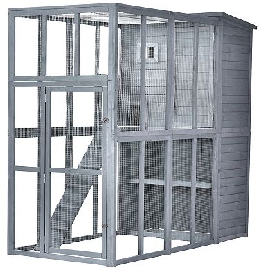 Wooden Cat Home Enclosure Pet House Shelter Cage Outdoor Play Area Run, Grey