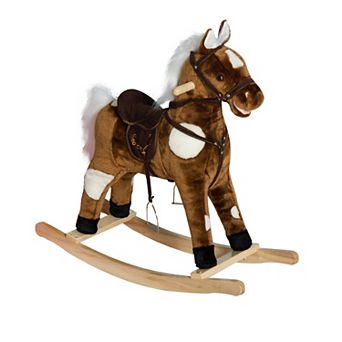 Qaba Kids Metal Plush Ride On Rocking Horse Chair Toy With Nursery Rhyme Music  Dark Brown