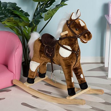 Qaba Kids Metal Plush Ride On Rocking Horse Chair Toy With Nursery Rhyme Music   Dark Brown