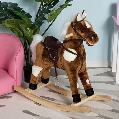 Qaba Kids Metal Plush Ride On Rocking Horse Chair Toy With Nursery Rhyme Music Dark Brown