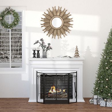 3-panel Steel Folding Fireplace Screen Protector W/ Brush, Tong, Poker & Shovel
