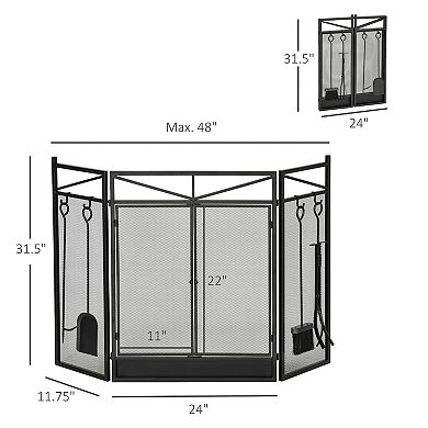 3-panel Steel Folding Fireplace Screen Protector W/ Brush, Tong, Poker & Shovel