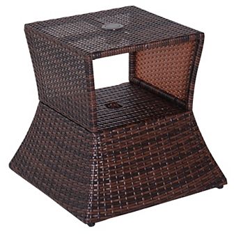Outdoor Patio Rattan Wicker Coffee Table Bistro Side Table With Umbrella Hole