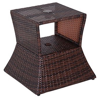 Outdoor Patio Rattan Wicker Coffee Table Bistro Side Table With Umbrella Hole