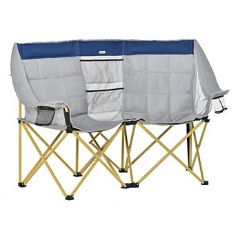 Double Seat Camping Chair Folding Lawn Loveseat W/ Storage Pocket & Cup Holder