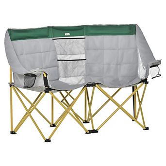 Double Seat Camping Chair Folding Lawn Loveseat W/ Storage Pocket & Cup Holder