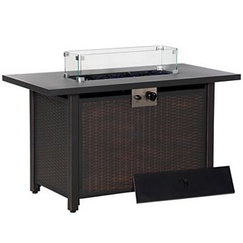 Outsunny 43" Fire Pit Table, Rectangle Propane Fire Table, 50,000BTU Gas Firepits for Outdoor with Glass Wind Guard, Blue Glass Rock, Lid, Auto Ignition, CSA Certification for Garden, Patio, Bronze