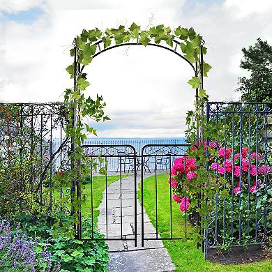 2.1m/85" Metal Garden Arbor Arch W/ Gate, Backyard Decor Climbing Planter Frame