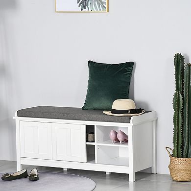 HOMCOM Entryway Shoe Bench Storage Ottoman with Adjustable Shelving 6 Compartments and Padded Seat White/Grey