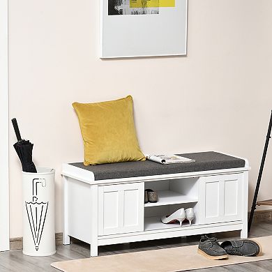 HOMCOM Entryway Shoe Bench Storage Ottoman with Adjustable Shelving 6 Compartments and Padded Seat White/Grey