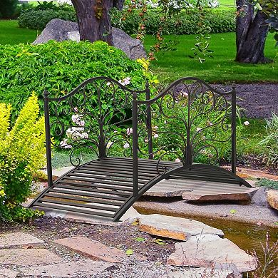 Outsunny 4' Metal Arch Backyard Garden Bridge with Safety Siderails Delicate Scrollwork and Easy Assembly Black Bronze