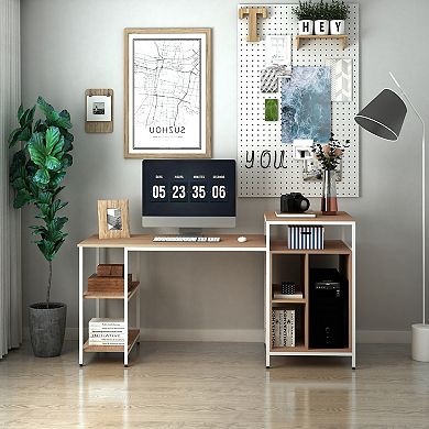 HOMCOM 68 Inch Office Table Computer Desk Workstation Bookshelf with CPU Stand Spacious Storage Shelves and Chic Modern Woodgrain Design Oak Wood Grain