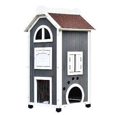 Solid Wood Cat Condo Furniture 2-floor Pet Shelter, Grey And White, 43" H