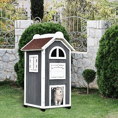 Solid Wood Cat Condo Furniture 2-floor Pet Shelter, Grey And White, 43" H