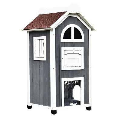 Solid Wood Cat Condo Furniture 2-floor Pet Shelter, Grey And White, 43" H