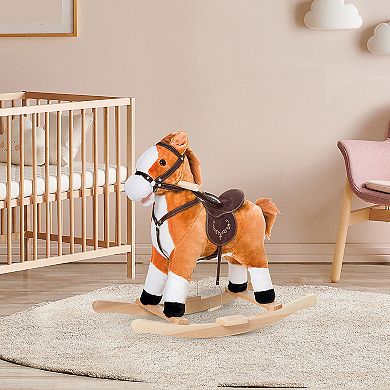 Qaba Kids Plush Toy Rocking Horse Ride on with Realistic Sounds    Brown