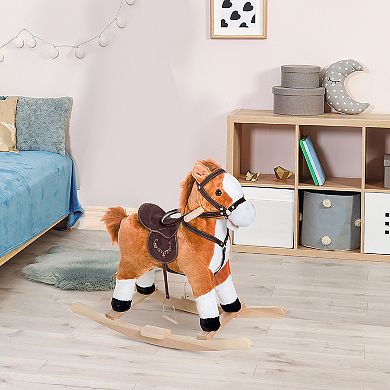 Qaba Kids Plush Toy Rocking Horse Ride on with Realistic Sounds Brown