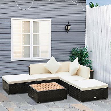 Outsunny 6-Piece Patio Furniture Sets Outdoor Sectional Sofa Set PE Rattan Conversation Sets with Corner Sofa, Middle Sofa, and Acacia Wood Top Coffee Table, Grey
