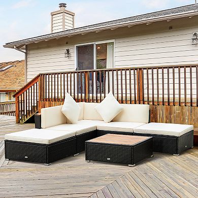 Outsunny 6-Piece Patio Furniture Sets Outdoor Sectional Sofa Set PE Rattan Conversation Sets with Corner Sofa, Middle Sofa, and Acacia Wood Top Coffee Table, Grey