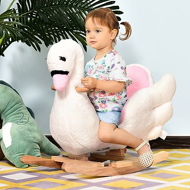 Qaba Kids Ride On Rocking Horse Plush Swan Style Toy with Music for Over 18 Months Children White and Pink